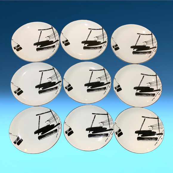 Vintage 1986 Lot 9 Sango x Larry Laslo "Calligraphy" Oval 11" Dinner Plates Mod